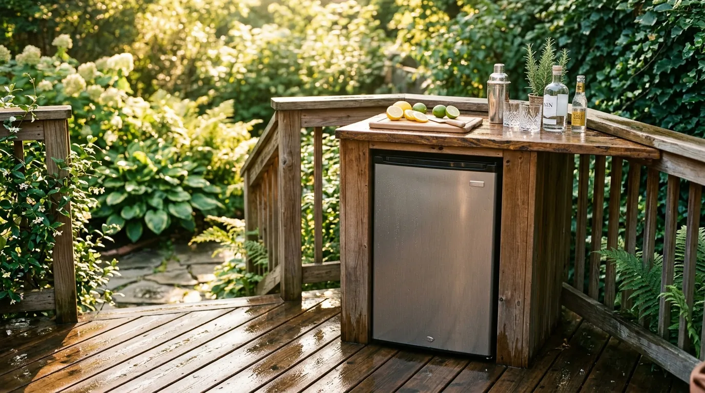 Backyard wooden deck bar in bright late-afternoon sun with a compact stainless mini refrigerator under the counter