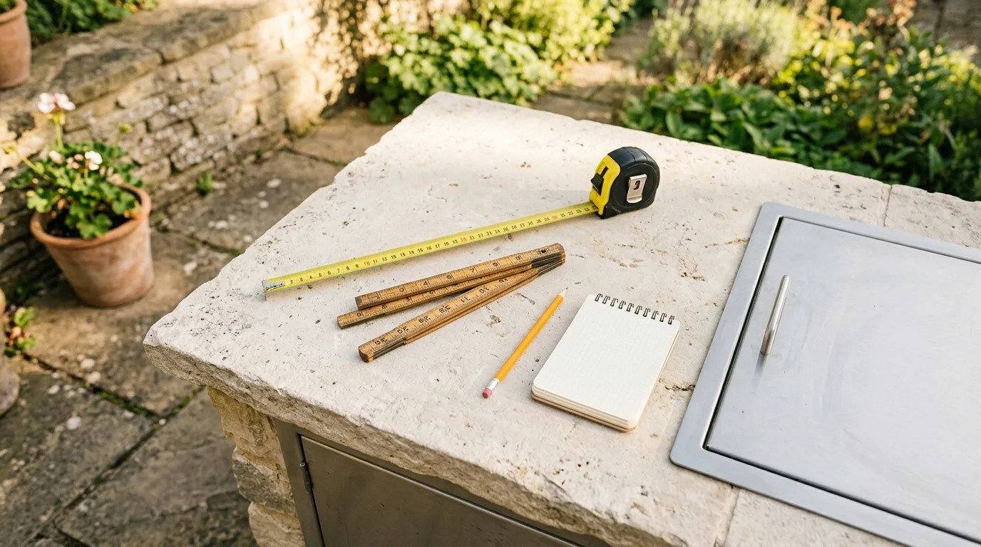 Tape measure, folding rule, pencil and notepad laid out on a sunlit pale stone outdoor counter beside a stainless cabinet door