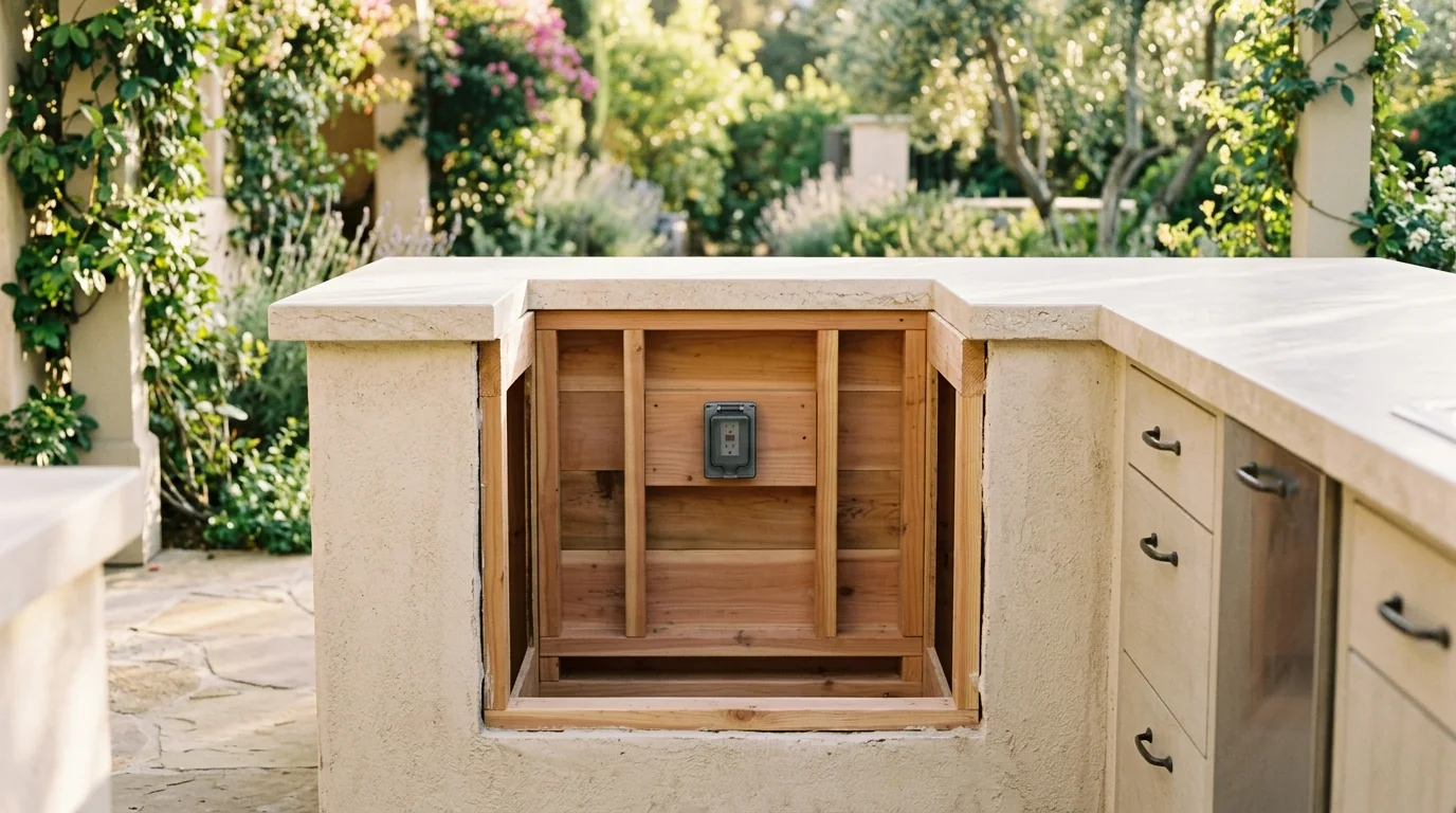 Empty rectangular under-counter appliance cutout in a sunlit pale stone outdoor kitchen island showing framing and a weatherproof outlet