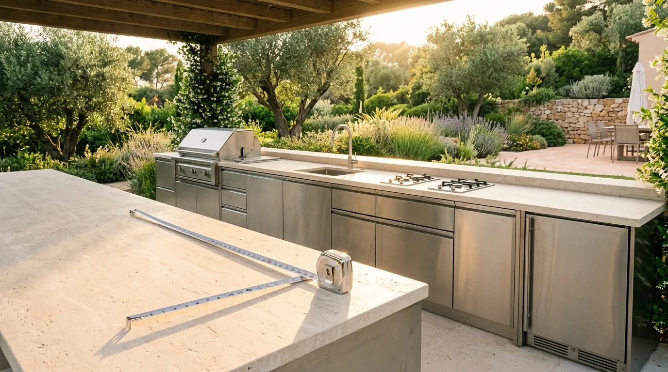 Long modern outdoor kitchen run at dusk with a dark stone counter, stainless appliance bays and an extended steel tape measure