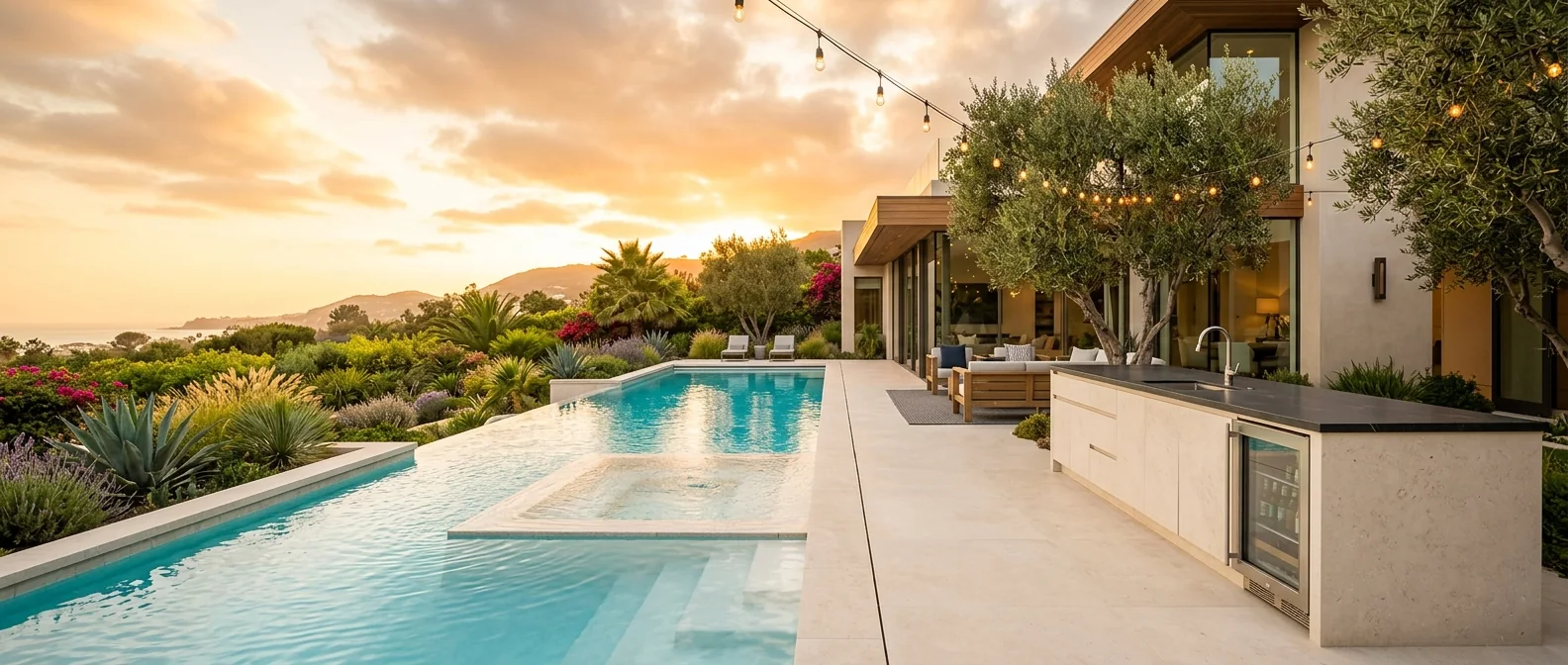 Modern backyard patio at dusk with a lit stone outdoor kitchen island, string lights, and a glowing pool