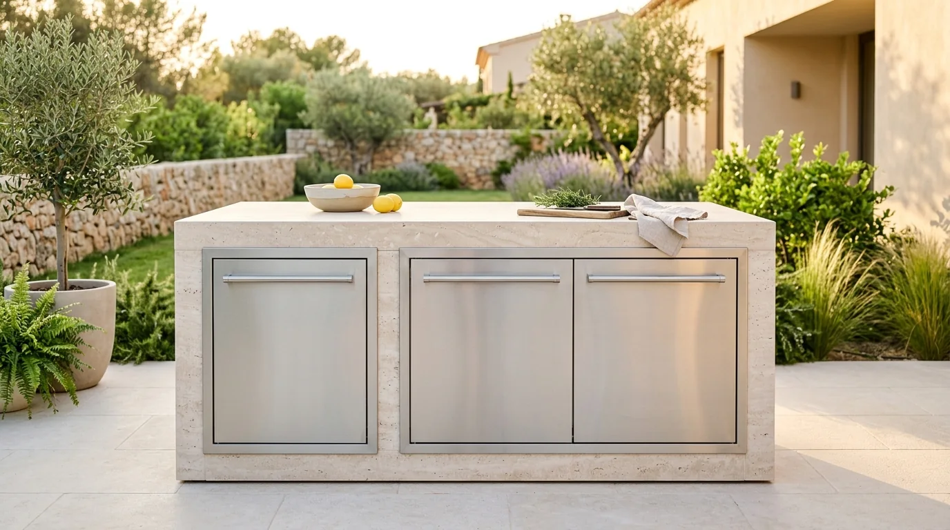 Sunlit outdoor kitchen island at golden hour with a narrow and a wide stainless under-counter appliance bay side by side