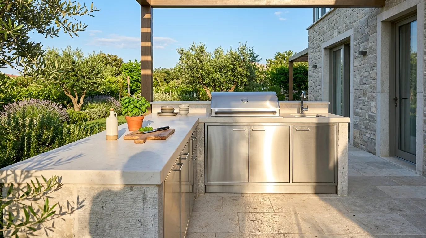 Modern outdoor kitchen in harsh late-afternoon sun with hard shadows across a brushed stainless cabinet door