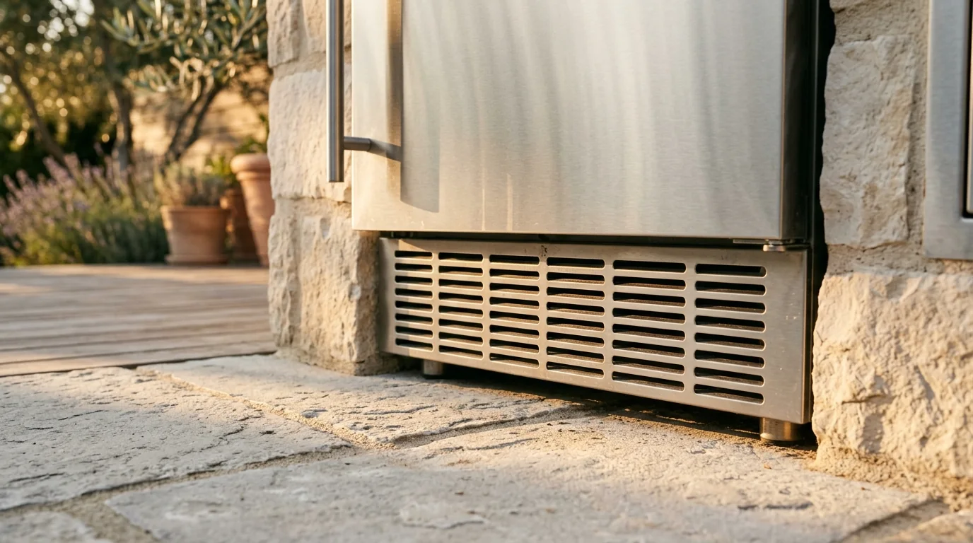 Low-angle view of the toe-kick ventilation grille at the base of a stainless under-counter outdoor refrigerator in a stone island